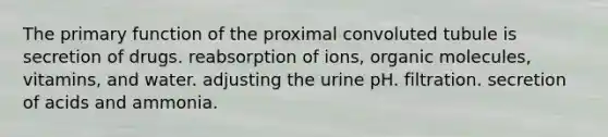 The primary function of the proximal convoluted tubule is secretion of drugs. reabsorption of ions, <a href='https://www.questionai.com/knowledge/kjUwUacPFG-organic-molecules' class='anchor-knowledge'>organic molecules</a>, vitamins, and water. adjusting the urine pH. filtration. secretion of acids and ammonia.