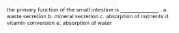 the primary function of the small intestine is _______________ . a. waste secretion b. mineral secretion c. absorption of nutrients d. vitamin conversion e. absorption of water