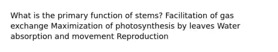 What is the primary function of stems? Facilitation of <a href='https://www.questionai.com/knowledge/kU8LNOksTA-gas-exchange' class='anchor-knowledge'>gas exchange</a> Maximization of photosynthesis by leaves Water absorption and movement Reproduction