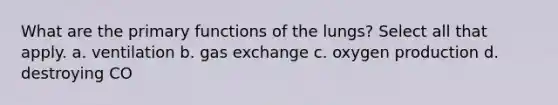 What are the primary functions of the lungs? Select all that apply. a. ventilation b. gas exchange c. oxygen production d. destroying CO