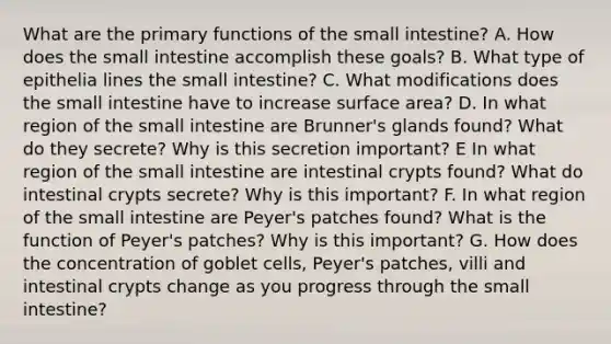 What are the primary functions of the small intestine? A. How does the small intestine accomplish these goals? B. What type of epithelia lines the small intestine? C. What modifications does the small intestine have to increase surface area? D. In what region of the small intestine are Brunner's glands found? What do they secrete? Why is this secretion important? E In what region of the small intestine are intestinal crypts found? What do intestinal crypts secrete? Why is this important? F. In what region of the small intestine are Peyer's patches found? What is the function of Peyer's patches? Why is this important? G. How does the concentration of goblet cells, Peyer's patches, villi and intestinal crypts change as you progress through the small intestine?