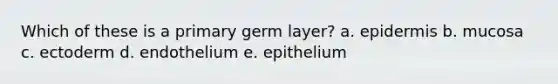 Which of these is a primary germ layer? a. epidermis b. mucosa c. ectoderm d. endothelium e. epithelium