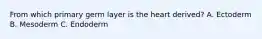 From which primary germ layer is the heart derived? A. Ectoderm B. Mesoderm C. Endoderm
