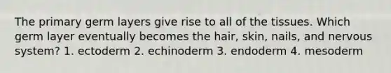 The primary germ layers give rise to all of the tissues. Which germ layer eventually becomes the hair, skin, nails, and nervous system? 1. ectoderm 2. echinoderm 3. endoderm 4. mesoderm