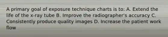 A primary goal of exposure technique charts is to: A. Extend the life of the x-ray tube B. Improve the radiographer's accuracy C. Consistently produce quality images D. Increase the patient work flow