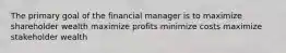 The primary goal of the financial manager is to maximize shareholder wealth maximize profits minimize costs maximize stakeholder wealth