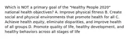 Which is NOT a primary goal of the "Healthy People 2020" national health objectives? A. Improve physical fitness B. Create social and physical environments that promote health for all C. Achieve health equity, eliminate disparities, and improve health of all groups D. Promote quality of life, healthy development, and healthy behaviors across all stages of life