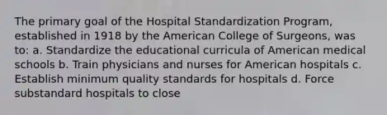 The primary goal of the Hospital Standardization Program, established in 1918 by the American College of Surgeons, was to: a. Standardize the educational curricula of American medical schools b. Train physicians and nurses for American hospitals c. Establish minimum quality standards for hospitals d. Force substandard hospitals to close