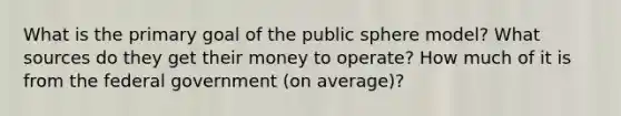 What is the primary goal of the public sphere model? What sources do they get their money to operate? How much of it is from the federal government (on average)?