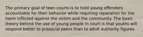 The primary goal of teen courts is to hold young offenders accountable for their behavior while requiring reparation for the harm inflicted against the victim and the community. The basic theory behind the use of young people in court is that youths will respond better to prosocial peers than to adult authority figures.