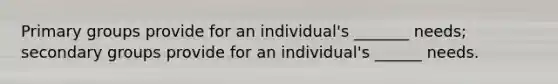 Primary groups provide for an individual's _______ needs; secondary groups provide for an individual's ______ needs.