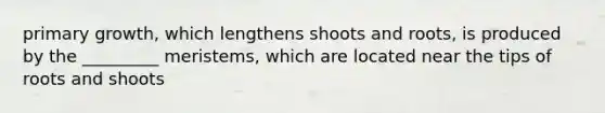 primary growth, which lengthens shoots and roots, is produced by the _________ meristems, which are located near the tips of roots and shoots