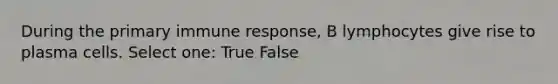 During the primary immune response, B lymphocytes give rise to plasma cells. Select one: True False