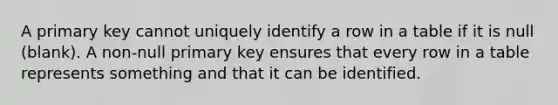 A primary key cannot uniquely identify a row in a table if it is null (blank). A non-null primary key ensures that every row in a table represents something and that it can be identified.