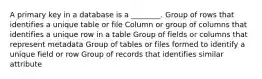 A primary key in a database is a ________. Group of rows that identifies a unique table or file Column or group of columns that identifies a unique row in a table Group of fields or columns that represent metadata Group of tables or files formed to identify a unique field or row Group of records that identifies similar attribute