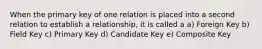 When the primary key of one relation is placed into a second relation to establish a relationship, it is called a a) Foreign Key b) Field Key c) Primary Key d) Candidate Key e) Composite Key