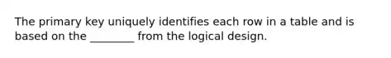 The primary key uniquely identifies each row in a table and is based on the ________ from the logical design.