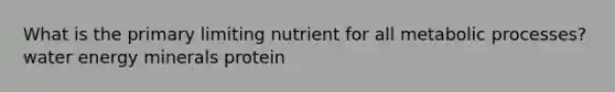 What is the primary limiting nutrient for all metabolic processes? water energy minerals protein