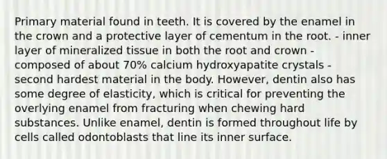 Primary material found in teeth. It is covered by the enamel in the crown and a protective layer of cementum in the root. - inner layer of mineralized tissue in both the root and crown - composed of about 70% calcium hydroxyapatite crystals - second hardest material in the body. However, dentin also has some degree of elasticity, which is critical for preventing the overlying enamel from fracturing when chewing hard substances. Unlike enamel, dentin is formed throughout life by cells called odontoblasts that line its inner surface.