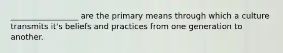 _________________ are the primary means through which a culture transmits it's beliefs and practices from one generation to another.