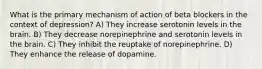 What is the primary mechanism of action of beta blockers in the context of depression? A) They increase serotonin levels in the brain. B) They decrease norepinephrine and serotonin levels in the brain. C) They inhibit the reuptake of norepinephrine. D) They enhance the release of dopamine.