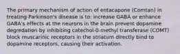 The primary mechanism of action of entacapone (Comtan) in treating Parkinson's disease is to: increase GABA or enhance GABA's effects at the neurons in the brain prevent dopamine degredation by inhibiting catechol-0-methyl transferase (COMT) block muscarinic receptors in the striatum directly bind to dopamine receptors, causing their activation.