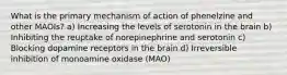 What is the primary mechanism of action of phenelzine and other MAOIs? a) Increasing the levels of serotonin in the brain b) Inhibiting the reuptake of norepinephrine and serotonin c) Blocking dopamine receptors in the brain d) Irreversible inhibition of monoamine oxidase (MAO)