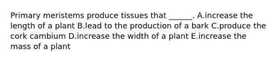 Primary meristems produce tissues that ______. A.increase the length of a plant B.lead to the production of a bark C.produce the cork cambium D.increase the width of a plant E.increase the mass of a plant