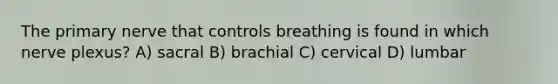 The primary nerve that controls breathing is found in which nerve plexus? A) sacral B) brachial C) cervical D) lumbar