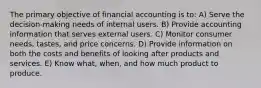 The primary objective of financial accounting is to: A) Serve the decision-making needs of internal users. B) Provide accounting information that serves external users. C) Monitor consumer needs, tastes, and price concerns. D) Provide information on both the costs and benefits of looking after products and services. E) Know what, when, and how much product to produce.