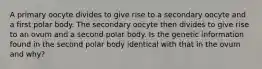 A primary oocyte divides to give rise to a secondary oocyte and a first polar body. The secondary oocyte then divides to give rise to an ovum and a second polar body. Is the genetic information found in the second polar body identical with that in the ovum and why?