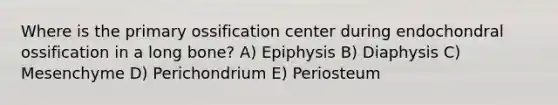 Where is the primary ossification center during endochondral ossification in a long bone? A) Epiphysis B) Diaphysis C) Mesenchyme D) Perichondrium E) Periosteum