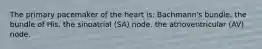 The primary pacemaker of the heart is: Bachmann's bundle. the bundle of His. the sinoatrial (SA) node. the atrioventricular (AV) node.