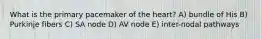 What is the primary pacemaker of the heart? A) bundle of His B) Purkinje fibers C) SA node D) AV node E) inter-nodal pathways