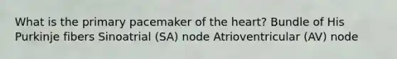 What is the primary pacemaker of the heart? Bundle of His Purkinje fibers Sinoatrial (SA) node Atrioventricular (AV) node