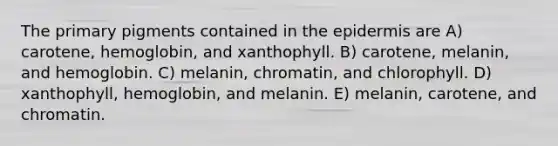 The primary pigments contained in <a href='https://www.questionai.com/knowledge/kBFgQMpq6s-the-epidermis' class='anchor-knowledge'>the epidermis</a> are A) carotene, hemoglobin, and xanthophyll. B) carotene, melanin, and hemoglobin. C) melanin, chromatin, and chlorophyll. D) xanthophyll, hemoglobin, and melanin. E) melanin, carotene, and chromatin.