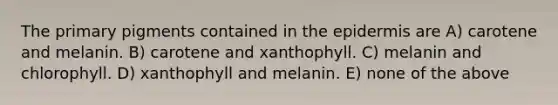 The primary pigments contained in the epidermis are A) carotene and melanin. B) carotene and xanthophyll. C) melanin and chlorophyll. D) xanthophyll and melanin. E) none of the above