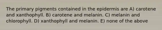 The primary pigments contained in <a href='https://www.questionai.com/knowledge/kBFgQMpq6s-the-epidermis' class='anchor-knowledge'>the epidermis</a> are A) carotene and xanthophyll. B) carotene and melanin. C) melanin and chlorophyll. D) xanthophyll and melanin. E) none of the above