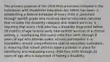 The primary purpose of the Child Find provisions included in the Individuals with Disabilities Education Act (IDEA) has been: a. establishing a federal database of every child in preschool through twelfth grade who receives special education services that includes the disability category and related services. b. requiring that every child who has a disability diagnosed before 36 months of age receive early intervention services in a clinical setting. c. maintaining that every child from birth through 8 years of age who attends public schools participates in a mandatory annual comprehensive special education evaluation. d. ensuring that school districts have a process in place for identifying and evaluating every child from birth through 21 years of age who is suspected of having a disability.