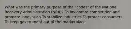 What was the primary purpose of the "codes" of the National Recovery Administration (NRA)? To invigorate competition and promote innovation To stabilize industries To protect consumers To keep government out of the marketplace