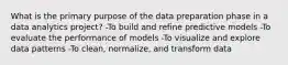 What is the primary purpose of the data preparation phase in a data analytics project? -To build and refine predictive models -To evaluate the performance of models -To visualize and explore data patterns -To clean, normalize, and transform data