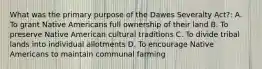 What was the primary purpose of the Dawes Severalty Act?: A. To grant Native Americans full ownership of their land B. To preserve Native American cultural traditions C. To divide tribal lands into individual allotments D. To encourage Native Americans to maintain communal farming