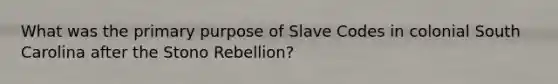 What was the primary purpose of Slave Codes in colonial South Carolina after the Stono Rebellion?