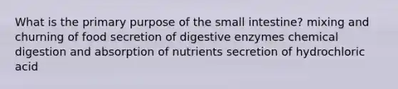 What is the primary purpose of the small intestine? mixing and churning of food secretion of digestive enzymes chemical digestion and absorption of nutrients secretion of hydrochloric acid