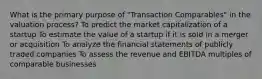 What is the primary purpose of "Transaction Comparables" in the valuation process? To predict the market capitalization of a startup To estimate the value of a startup if it is sold in a merger or acquisition To analyze the financial statements of publicly traded companies To assess the revenue and EBITDA multiples of comparable businesses