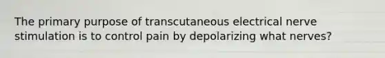 The primary purpose of transcutaneous electrical nerve stimulation is to control pain by depolarizing what nerves?