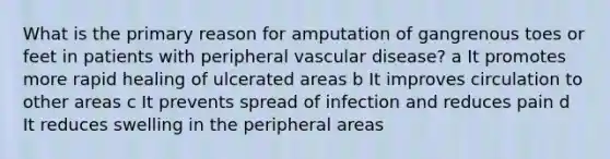 What is the primary reason for amputation of gangrenous toes or feet in patients with peripheral vascular disease? a It promotes more rapid healing of ulcerated areas b It improves circulation to other areas c It prevents spread of infection and reduces pain d It reduces swelling in the peripheral areas