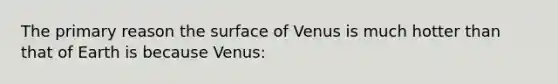 The primary reason the surface of Venus is much hotter than that of Earth is because Venus: