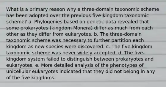 What is a primary reason why a three-domain taxonomic scheme has been adopted over the previous five-kingdom taxonomic scheme? a. Phylogenies based on genetic data revealed that some prokaryotes (kingdom Monera) differ as much from each other as they differ from eukaryotes. b. The three-domain taxonomic scheme was necessary to further partition each kingdom as new species were discovered. c. The five-kingdom taxonomic scheme was never widely accepted. d. The five-kingdom system failed to distinguish between prokaryotes and eukaryotes. e. More detailed analysis of the phenotypes of unicellular eukaryotes indicated that they did not belong in any of the five kingdoms.