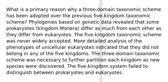 What is a primary reason why a three-domain taxonomic scheme has been adopted over the previous five-kingdom taxonomic scheme? Phylogenies based on genetic data revealed that some prokaryotes (kingdom Monera) differ as much from each other as they differ from eukaryotes. The five-kingdom taxonomic scheme was never widely accepted. More detailed analysis of the phenotypes of unicellular eukaryotes indicated that they did not belong in any of the five kingdoms. The three-domain taxonomic scheme was necessary to further partition each kingdom as new species were discovered. The five-kingdom system failed to distinguish between prokaryotes and eukaryotes.